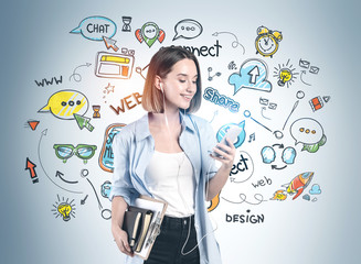 Smiling woman student with phone, social media