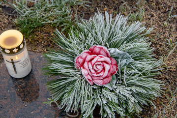 Frost auf einem Gesteck 