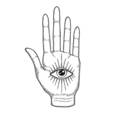 Palm with the Eye of Providence. Masonic symbol. All seeing eye with divergent rays on palm. Black tattoo. A symbol of the occult, magic, astrology, religion, spiritualism.