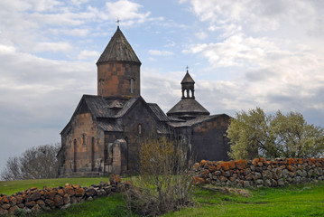 Saghmosavank Monastery (13h centuries) is located on the right bank of huge gorge (canyon) of Kasakh River. Saghmosavank village, Aragatsotn Region, Armenia.