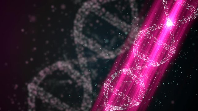 DNA spiral shape molecules turning around under laser illumination during decoding process.
