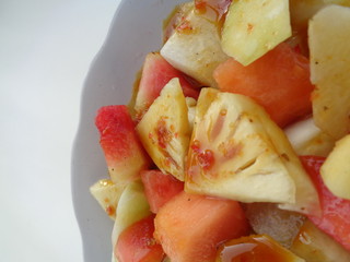 lotis buah or rujak (sweat, sour, spicy and fresh). fruit with hot chili paste. indonesian traditional fruit salad