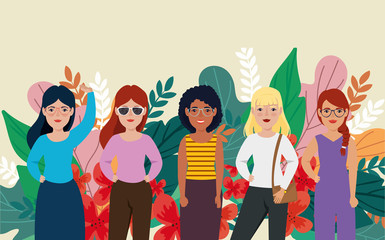 group of women standing with leafs tropicals vector illustration design