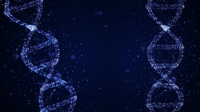 DNA helix strand made of particles with amino acid floating around on blue background.