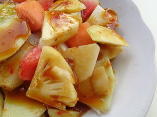 lotis buah or rujak (sweat, sour, spicy and fresh). fruit with hot chili paste. indonesian traditional fruit salad