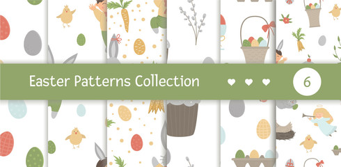 Vectors set of seamless patterns with design elements for Easter. Repeat backgrounds with cute bunny, children, colored eggs, chirping bird, chicks, baskets. Spring funny digital paper pack. .