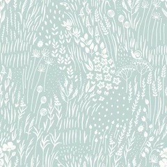 Foto op Plexiglas Bloemenprints Silhouetten wilde bloemen, gras en insecten verspreid over turkooizen achtergrond, naadloze abstracte bloemmotief met bloemen. Vector weide hand getekende illustratie in vintage stijl.