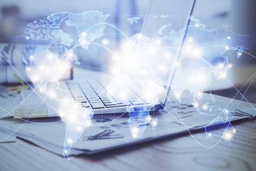 Multi exposure of business theme icons and work space with computer background. Concept of success.