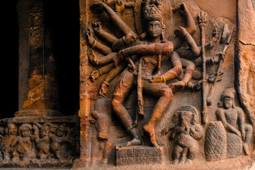 Stone carvings inside Badami cave temples, Karnataka, India