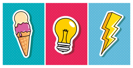 ice cream with light bulb and thunderbolt pop art style icon vector illustration design © Gstudio