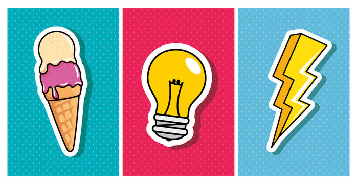 ice cream with light bulb and thunderbolt pop art style icon vector illustration design