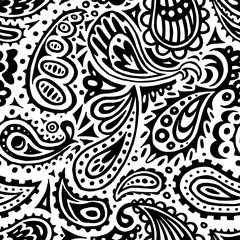 Seamless black and white pattern. Ink paisley ornament hand-drawn. Print for textiles. Ethnic and tribal motifs. Vector illustration. - obrazy, fototapety, plakaty