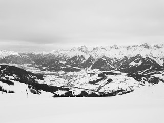 Snow peaks of Alps. Snowy mountains in Austria. Peaceful panorama.