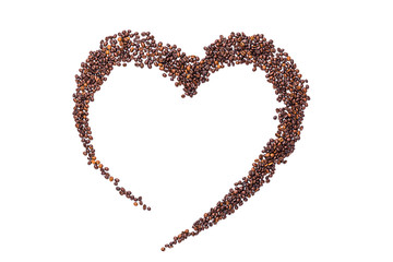 heart made of roasted coffee beans and ground coffee on a white background