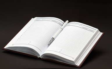 Image of a notebook and ballpoint pen as a symbol of the development of writing, training and a business employee.