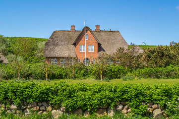 Fototapeta na wymiar typisches Reetdach Haus in Nordfriesland