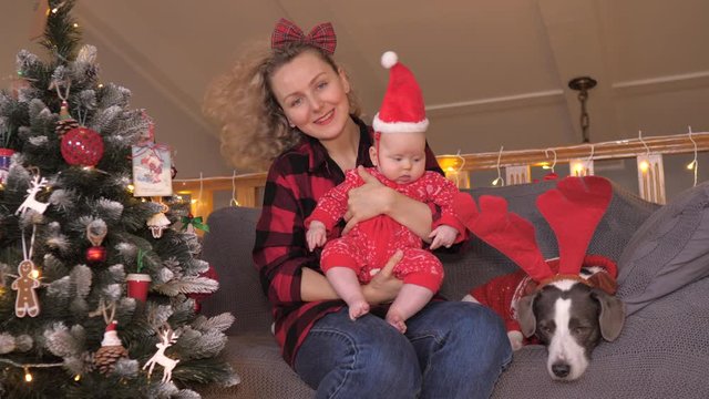 Young Happy Mother With Her Baby Girl And Reindeer Dog Celebrating Christmas.