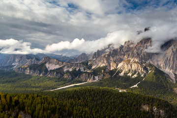 Panoramic view to the Dolomites in a beautiful autumn evening before sunset. Sorapis Circuit Trek. The Dolomites, South Tyrol, Italy, 