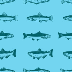 Seamless pattern with salmons. Seafood pattern. Design element for poster, card, banner, flyer. Vector illustration