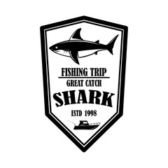 Sea fishing. Emblem template with shark fish. Design element for logo, label, sign, poster. Vector illustration