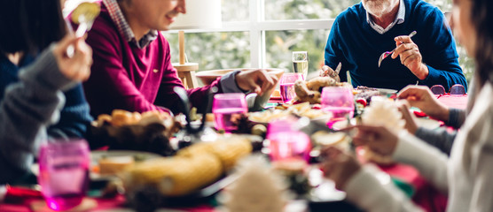 Portrait of happy big family celebrating having fun and lunch together enjoying spending time together at home