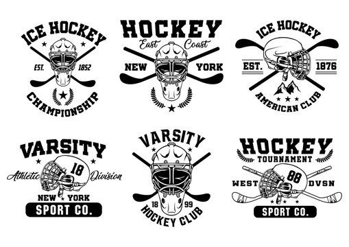 stock vector black and white retro hockey logo set. sports logo collection illustration