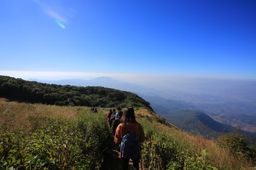 Fototapeta premium traveller walk through the peak in Chiang rai doi inthanon peak in thailand, the highest mountain in thailand