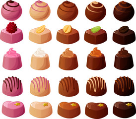 Vector illustration of various kinds of filled chocolate truffles, pralines and bonbons isolated on a white background - obrazy, fototapety, plakaty