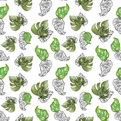 Digital illustration pattern creative cute green-pink tropical textural leaves. A print in a pencil style for children for fabrics, paper, invitations, cards, scrapbooking.
