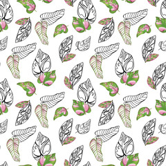 Digital illustration pattern creative cute green-pink tropical textural leaves. A print in a pencil style for children for fabrics, paper, invitations, cards, scrapbooking.