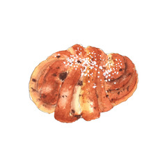 Fototapeta premium Cute watercolor illustration of a fresh baked cinnamon roll with sugar powder on top. Bakery and restaurants design. Illustration for menu, cards. Isolated on white background - Illustration