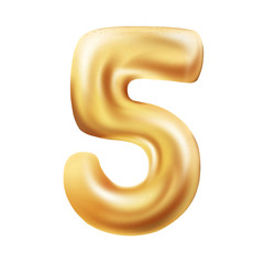 Golden number 5 balloon isolated on white background. Metallic balloon design. 3D illustration, 3D render