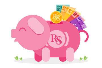 Saving Brazilian Real coin and money to piggy bank vector illustration flat design. Economy and financial concept element.  Can be used for web and mobile, infographic and print.