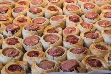 .tea, bagel, hot dog puff pastry concept