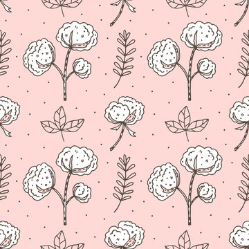 Cotton flower cute vector seamless pattern, package design, background. Realistic cotton balls. Herbs. Organic ingredients, natural condition. Eco friendly, vegan, vegetarian. Hand drawn elements. 