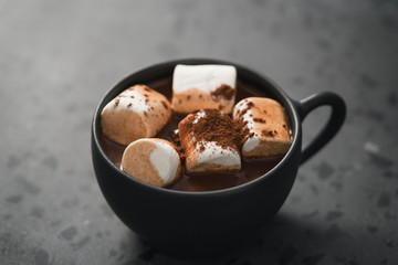 cup of hot cocoa with marshmallow on terrazzo background