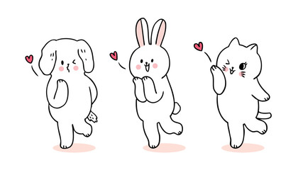 Cartoon cute Valentines day  cat and dog and rabbit and kiss vector.