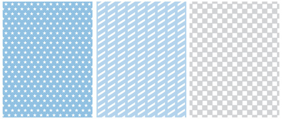 Pastel Color Seamless Geometric Vector Patterns. Regular White Stars and Stripes on a Blue Background. White Grid Isolated on a Gray Layout. Simple Abstract Vector Print for Fabric, Textile.
