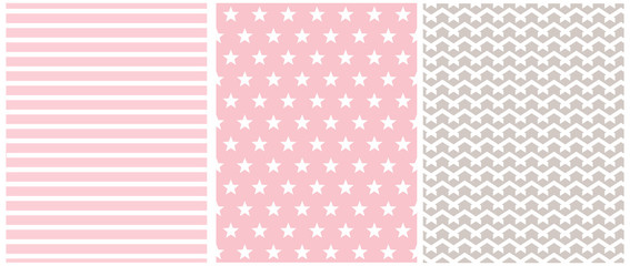 Pastel Color Seamless Geometric Vector Patterns. White Stars, Stripes and Chevron Isolated on a Pink Background. Simple Abstract Monochrome Vector Print for Fabric, Textile, Wrapping Paper.