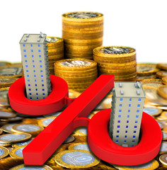 Interest on a mortgage. Percent symbol with residential apartment buildings on the surface of Russian coins. 3D Illustration