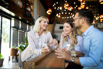 Business people coffee break meeting brainstorming chat happinness concept