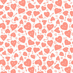 Cute Seamless background, hearts of different shapes, Kawaii, faces . Doodle elements, arrows, waves, arrows. Hand drawn pattern for Valentine's day holiday, wedding, greeting card. Pink and white