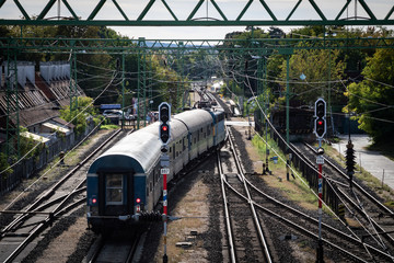 Naklejka premium Railway station train movement from above the rails