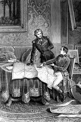Napoleon Bonaparte indicating to general Dessolles a campaign plan for the Rhin army. 1797. Antique illustration. 1890.
