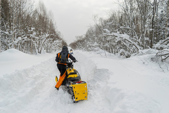 A Man, An Athlete In A Warm Sports Suit Rides A Snowmobile On A Snow-covered Road Against The Background Of A Winter Forest Landscape