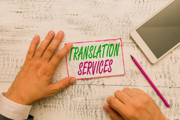 Conceptual hand writing showing Translation Services. Concept meaning organization that provide...