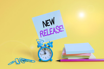 Conceptual hand writing showing New Release. Concept meaning announcing something newsworthy recent...