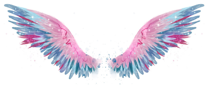 Beautiful magic watercolor blue pink wings