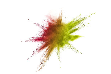 Colorful powder explosion on white background.Pastel color dust particle splashing.
