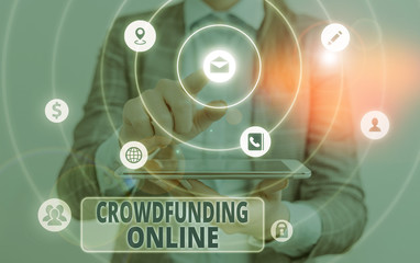 Conceptual hand writing showing Crowdfunding Online. Concept meaning raising small amounts of money from analysisy showing